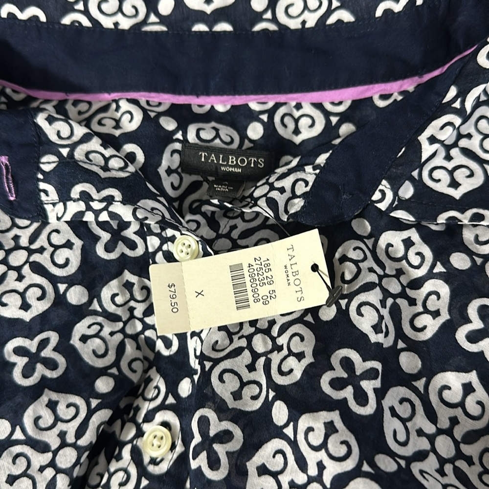Talbots Womens Small Shirt Navy Blue White Medallion Print Button Down Cotton X - Picture 6 of 8